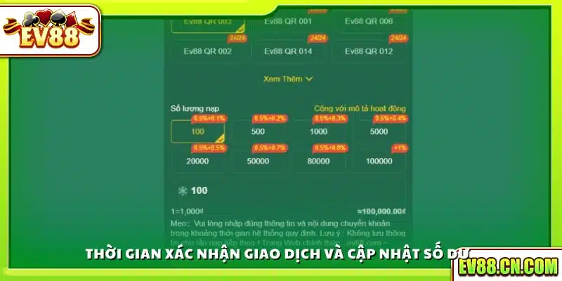 Thời gian Ev88 xử lý giao dịch và cập nhật số dư